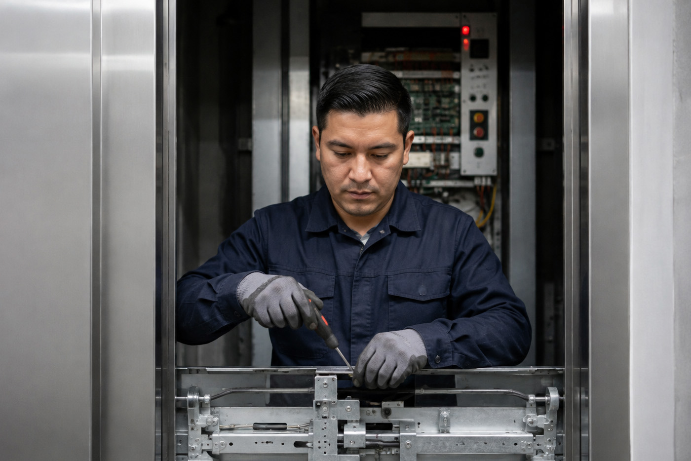 Técnico de Tecnocon dando mantenimiento a un panel de control de ascensor
